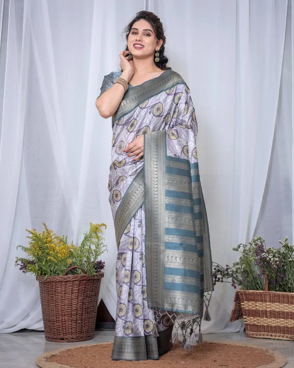Graceful_Banarasi_Digitally_Printed_Silk_Saree_in_Silver_and_Teal_with_Zari_Work_and_Tassels
