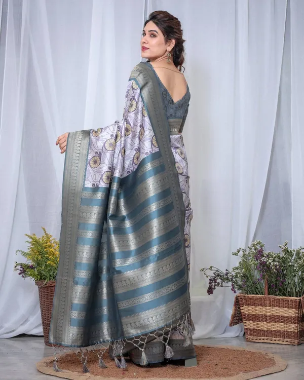 Graceful_Banarasi_Digitally_Printed_Silk_Saree_in_Silver_and_Teal_with_Zari_Work_and_Tassels