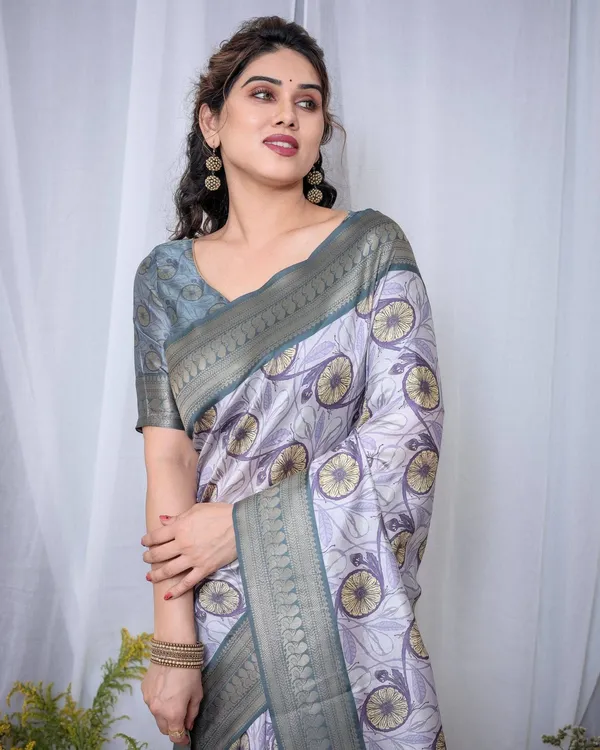 Graceful_Banarasi_Digitally_Printed_Silk_Saree_in_Silver_and_Teal_with_Zari_Work_and_Tassels