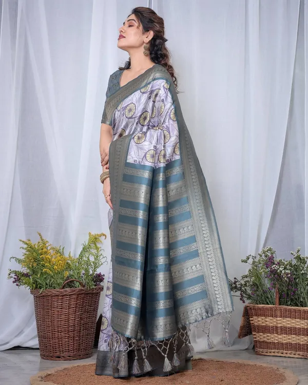Graceful_Banarasi_Digitally_Printed_Silk_Saree_in_Silver_and_Teal_with_Zari_Work_and_Tassels