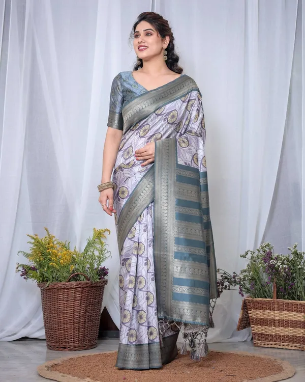 Graceful_Banarasi_Digitally_Printed_Silk_Saree_in_Silver_and_Teal_with_Zari_Work_and_Tassels