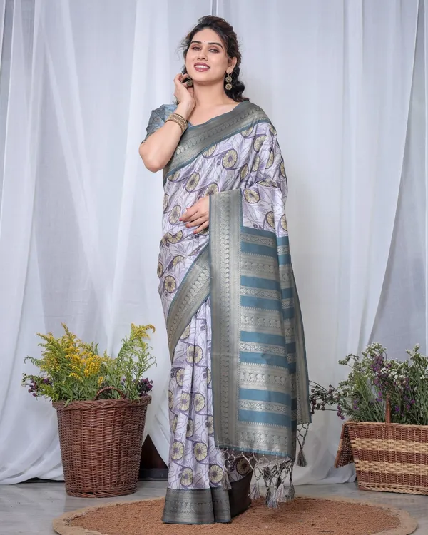 Graceful_Banarasi_Digitally_Printed_Silk_Saree_in_Silver_and_Teal_with_Zari_Work_and_Tassels