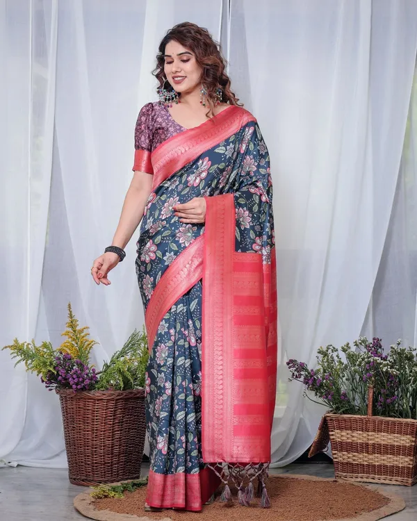Regal_Navy_Blue_and_Pink_Floral_Banarasi_Silk_Saree_with_Tassels