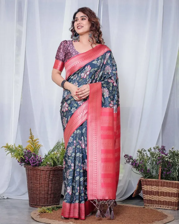 Regal_Navy_Blue_and_Pink_Floral_Banarasi_Silk_Saree_with_Tassels