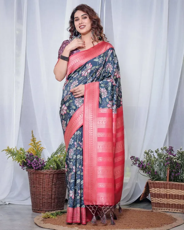 Regal_Navy_Blue_and_Pink_Floral_Banarasi_Silk_Saree_with_Tassels