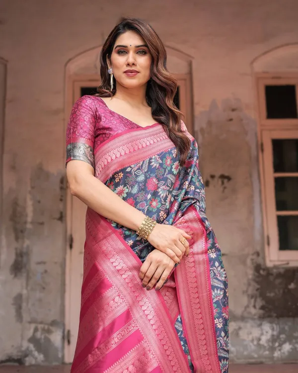 Stunning_Navy_Banarasi_Silk_Saree_with_Vibrant_Floral_Prints_and_Pink_Zari_Border