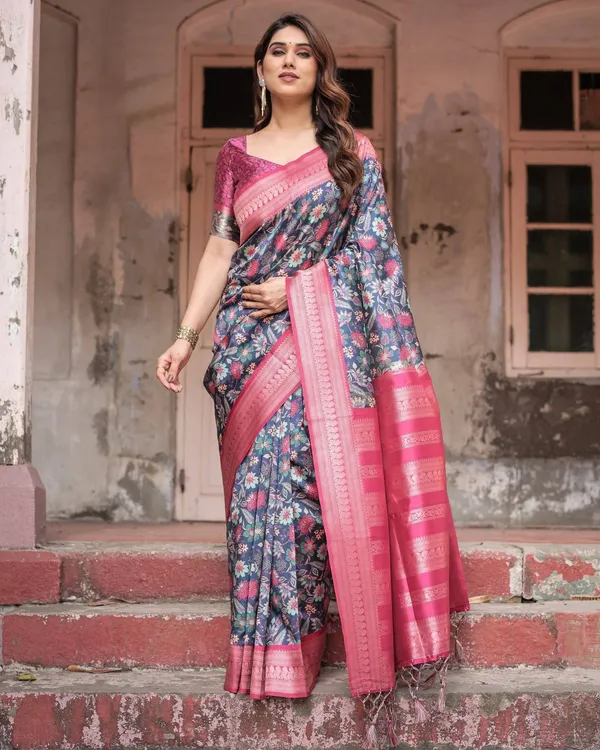 Stunning_Navy_Banarasi_Silk_Saree_with_Vibrant_Floral_Prints_and_Pink_Zari_Border