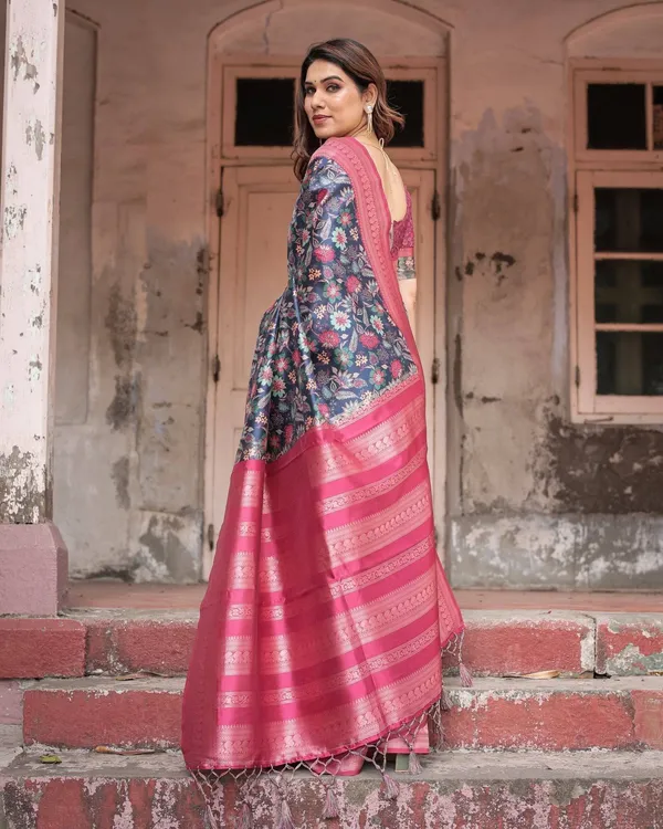 Stunning_Navy_Banarasi_Silk_Saree_with_Vibrant_Floral_Prints_and_Pink_Zari_Border