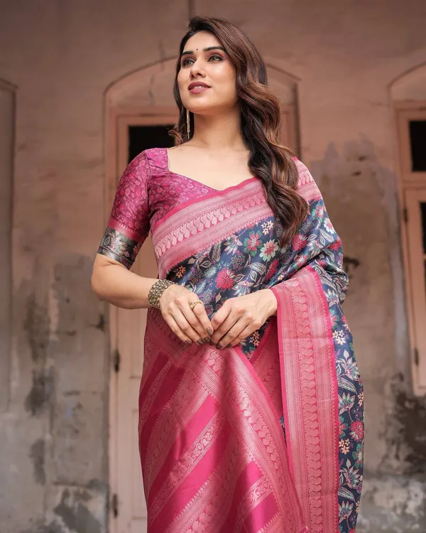 Stunning_Navy_Banarasi_Silk_Saree_with_Vibrant_Floral_Prints_and_Pink_Zari_Border