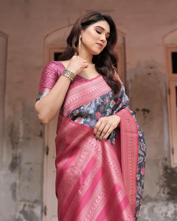 Stunning_Navy_Banarasi_Silk_Saree_with_Vibrant_Floral_Prints_and_Pink_Zari_Border
