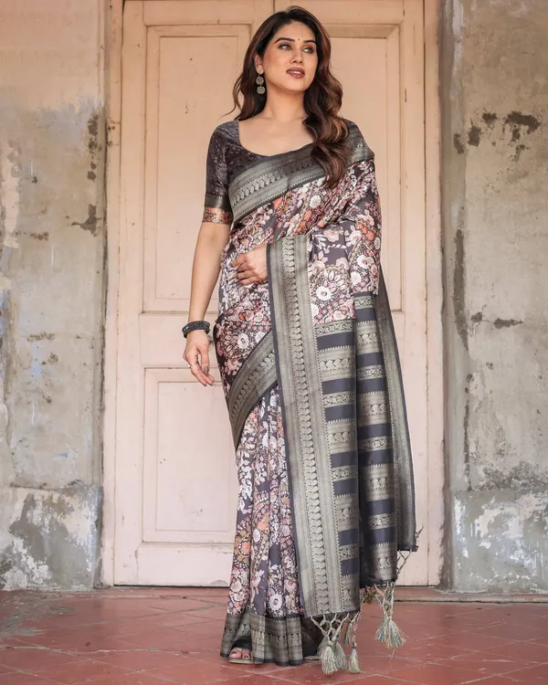 Elegant_Black_and_Peach_Banarasi_Silk_Saree_with_Zari_Border_and_Tassels
