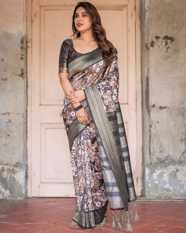 Elegant_Black_and_Peach_Banarasi_Silk_Saree_with_Zari_Border_and_Tassels