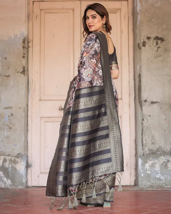 Elegant_Black_and_Peach_Banarasi_Silk_Saree_with_Zari_Border_and_Tassels