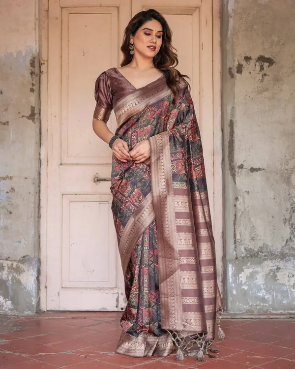Rich_Chocolate_Banarasi_Silk_Saree_with_Geometric_Print_and_Zari_Border