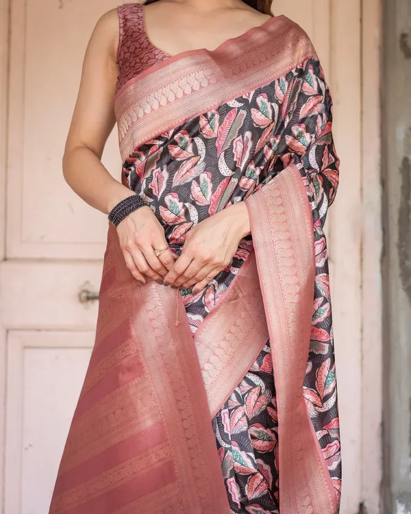 Black_Banarasi_Silk_Saree_with_Bold_Leaf_Digital_Print_&_Rosy_Pink_Zari_Border
