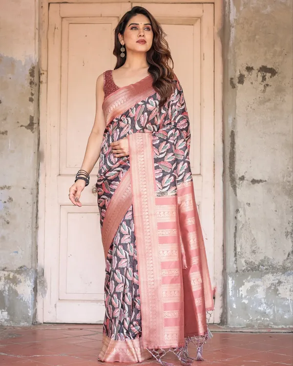 Black_Banarasi_Silk_Saree_with_Bold_Leaf_Digital_Print_&_Rosy_Pink_Zari_Border