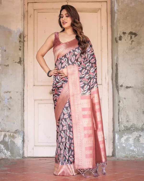 Black_Banarasi_Silk_Saree_with_Bold_Leaf_Digital_Print_&_Rosy_Pink_Zari_Border