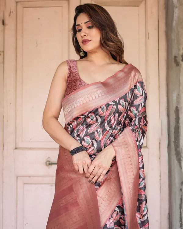 Black_Banarasi_Silk_Saree_with_Bold_Leaf_Digital_Print_&_Rosy_Pink_Zari_Border
