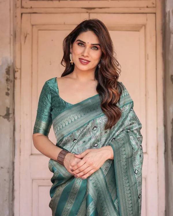 Teal_Green_Banarasi_Silk_Saree_with_Geometric_Digital_Print_&_Intricate_Zari_Border
