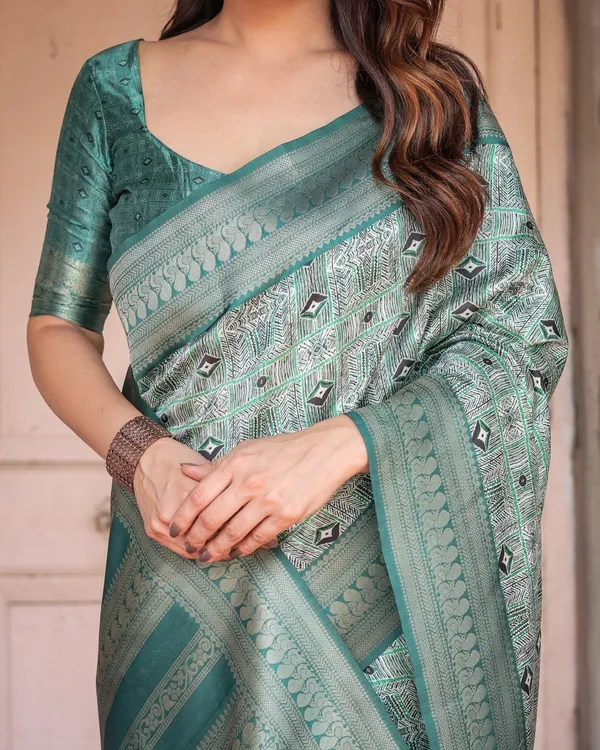 Teal_Green_Banarasi_Silk_Saree_with_Geometric_Digital_Print_&_Intricate_Zari_Border