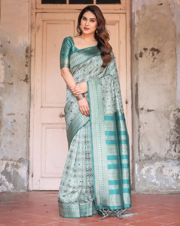 Teal_Green_Banarasi_Silk_Saree_with_Geometric_Digital_Print_&_Intricate_Zari_Border
