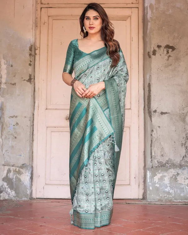 Teal_Green_Banarasi_Silk_Saree_with_Geometric_Digital_Print_&_Intricate_Zari_Border