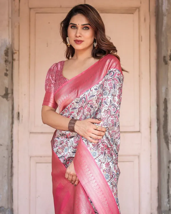 Pink_Banarasi_Silk_Saree_with_Vibrant_Floral_Digital_Print_&_Elegant_Zari_Border