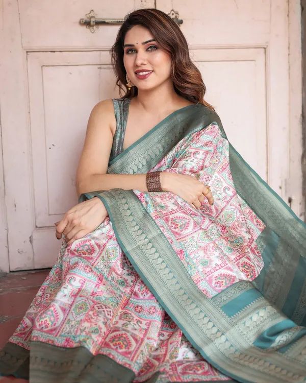 White_Banarasi_Silk_Saree_with_Pastel_Multicolor_Prints_and_Green_Zari_Border