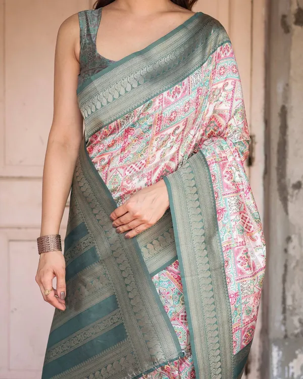 White_Banarasi_Silk_Saree_with_Pastel_Multicolor_Prints_and_Green_Zari_Border