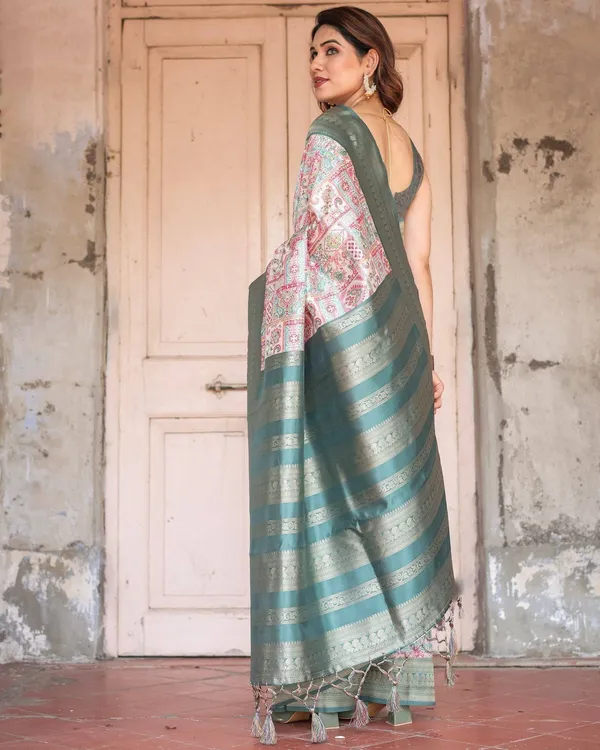 White_Banarasi_Silk_Saree_with_Pastel_Multicolor_Prints_and_Green_Zari_Border