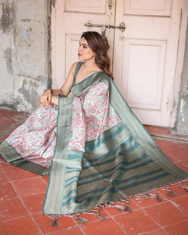 White_Banarasi_Silk_Saree_with_Pastel_Multicolor_Prints_and_Green_Zari_Border
