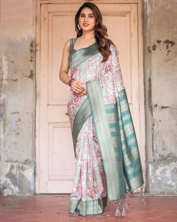 White_Banarasi_Silk_Saree_with_Pastel_Multicolor_Prints_and_Green_Zari_Border