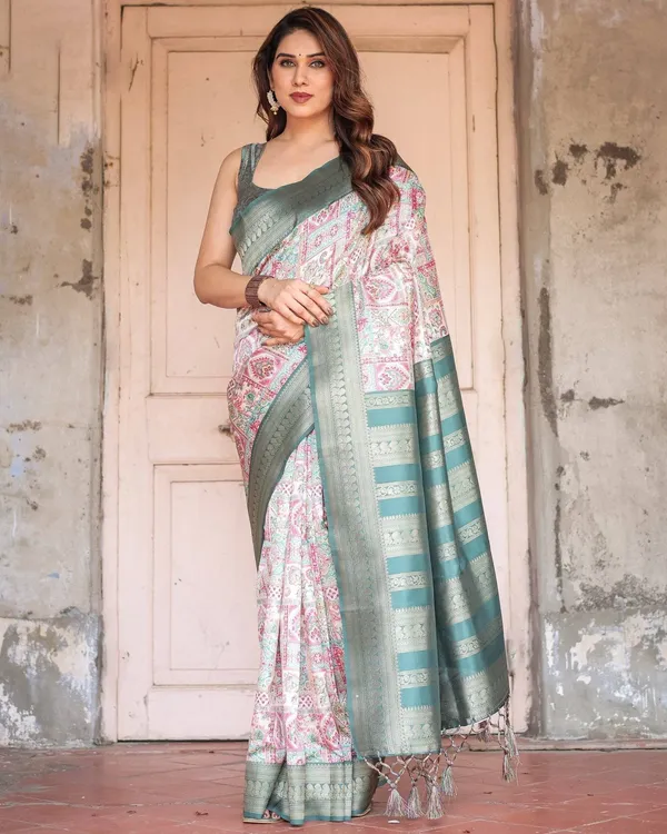 White_Banarasi_Silk_Saree_with_Pastel_Multicolor_Prints_and_Green_Zari_Border