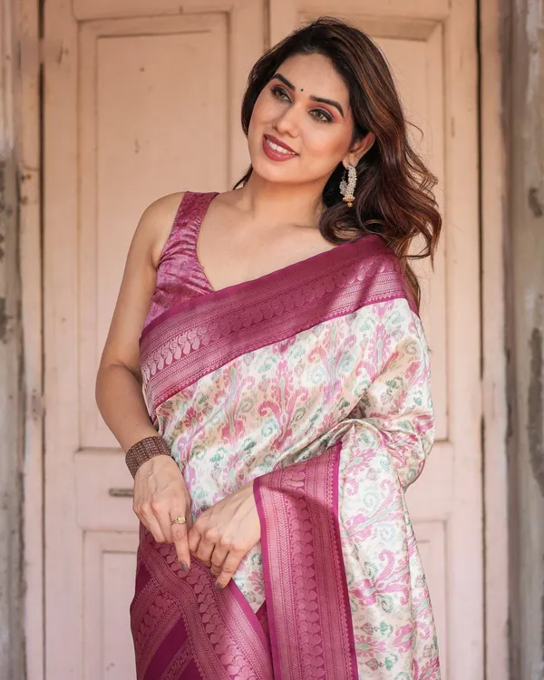 Off-White_Banarasi_Silk_Saree_with_Pink_Ikat_Design_and_Zari_Border