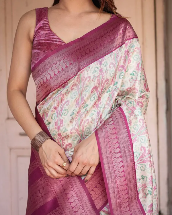 Off-White_Banarasi_Silk_Saree_with_Pink_Ikat_Design_and_Zari_Border