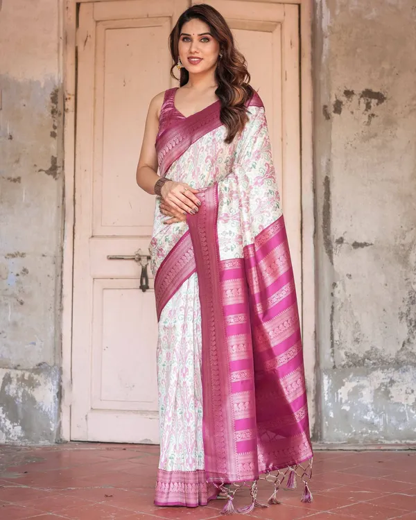 Off-White_Banarasi_Silk_Saree_with_Pink_Ikat_Design_and_Zari_Border