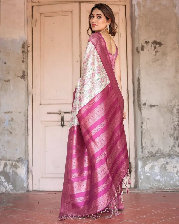 Off-White_Banarasi_Silk_Saree_with_Pink_Ikat_Design_and_Zari_Border