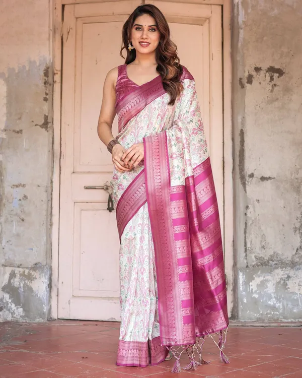 Off-White_Banarasi_Silk_Saree_with_Pink_Ikat_Design_and_Zari_Border