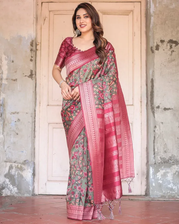 Luxurious_Green_Banarasi_Silk_Saree_with_Zari_Border_and_Tassels