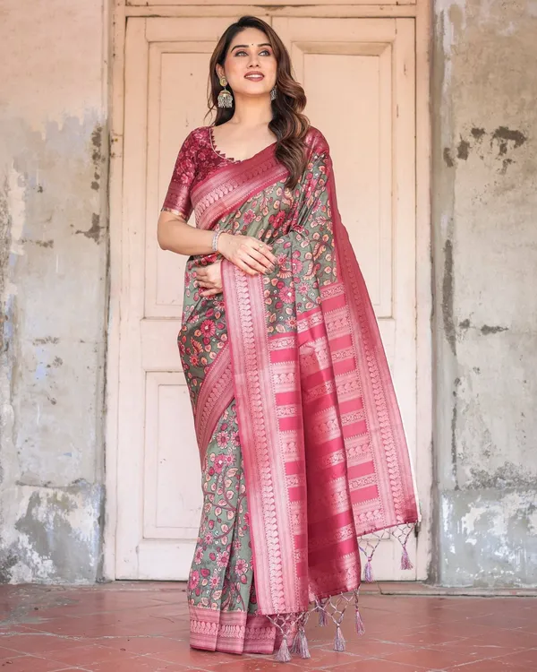 Luxurious_Green_Banarasi_Silk_Saree_with_Zari_Border_and_Tassels