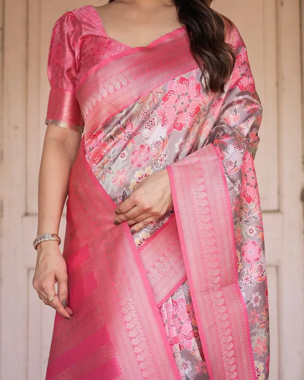Exquisite_Pink_and_Silver_Banarasi_Silk_Floral_Saree_with_Tassels