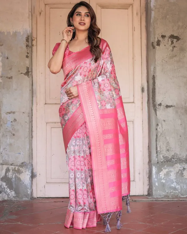 Exquisite_Pink_and_Silver_Banarasi_Silk_Floral_Saree_with_Tassels