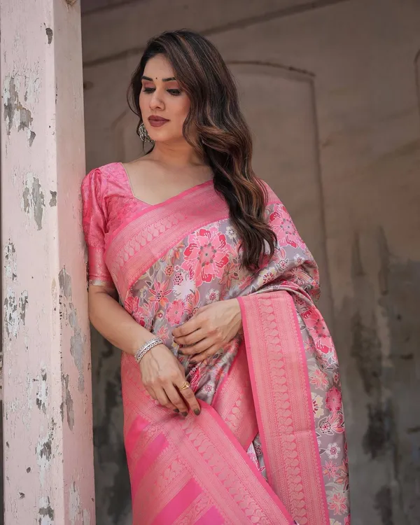 Exquisite_Pink_and_Silver_Banarasi_Silk_Floral_Saree_with_Tassels