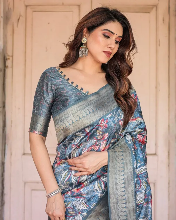 Steel_Blue_Banarasi_Silk_Saree_with_Tropical_Floral_Digital_Print_&_Zari_Border