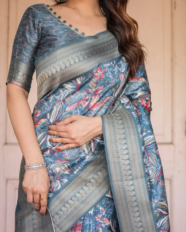 Steel_Blue_Banarasi_Silk_Saree_with_Tropical_Floral_Digital_Print_&_Zari_Border