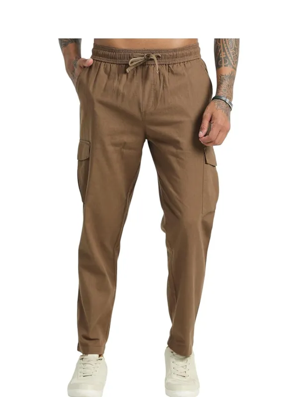 Brown_Linen_Drawstring_Waist_Regular_Fit_Cargo_For_Men