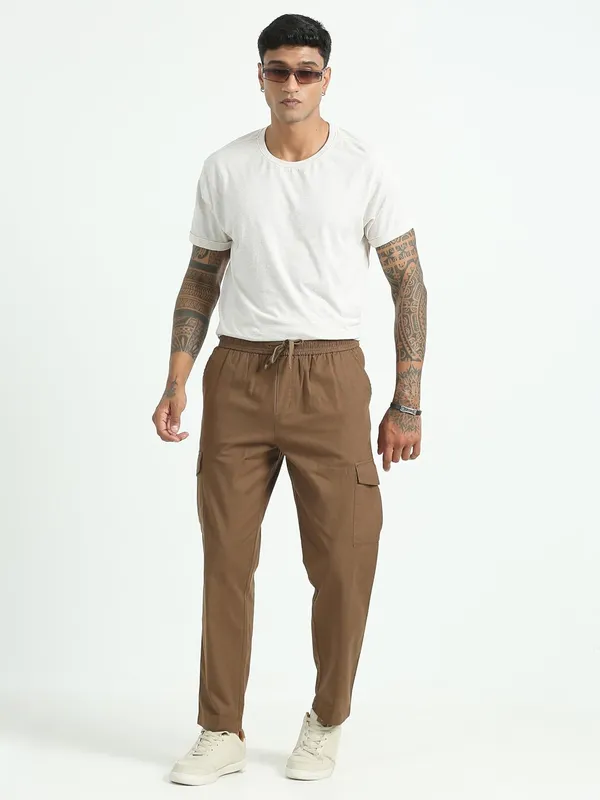 Brown_Linen_Drawstring_Waist_Regular_Fit_Cargo_For_Men