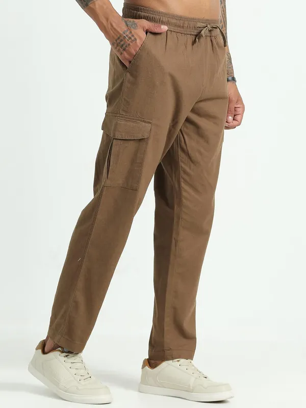 Brown_Linen_Drawstring_Waist_Regular_Fit_Cargo_For_Men