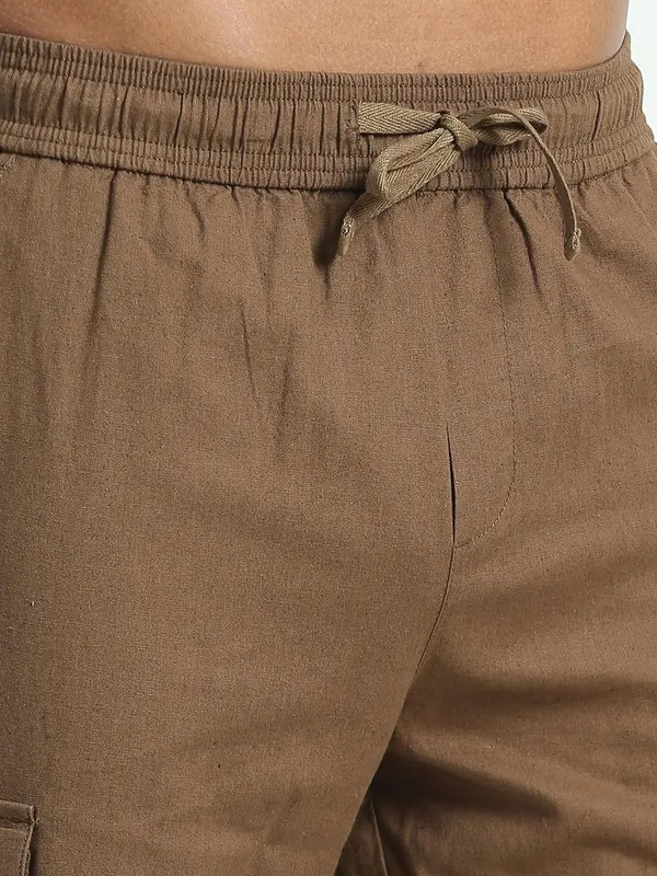 Brown_Linen_Drawstring_Waist_Regular_Fit_Cargo_For_Men