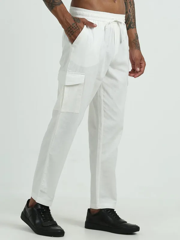 White_Linen_Drawstring_Waist_Regular_Fit_Cargo_For_Men